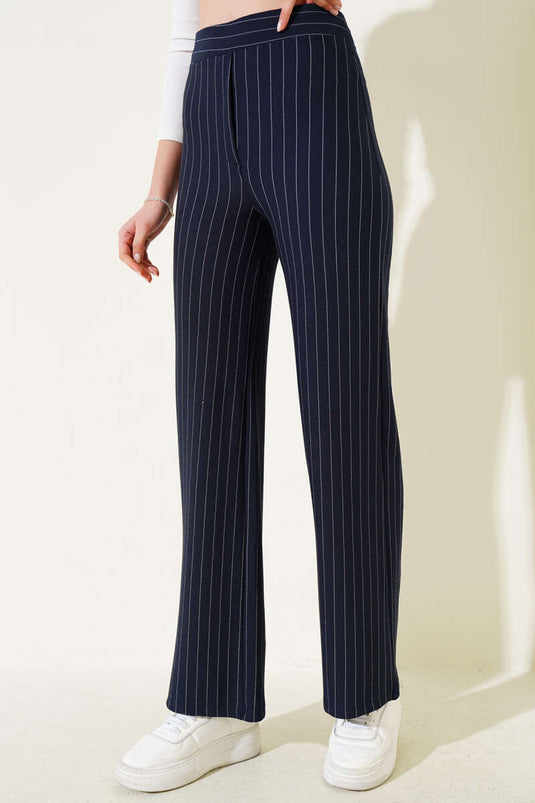 Striped Baggy Trousers with Elastic Waistband Navy Blue
