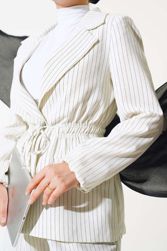 Belted Striped Jacket Set Cream