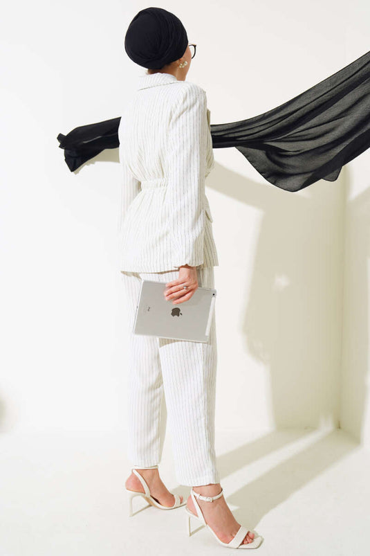 Belted Striped Jacket Set Cream