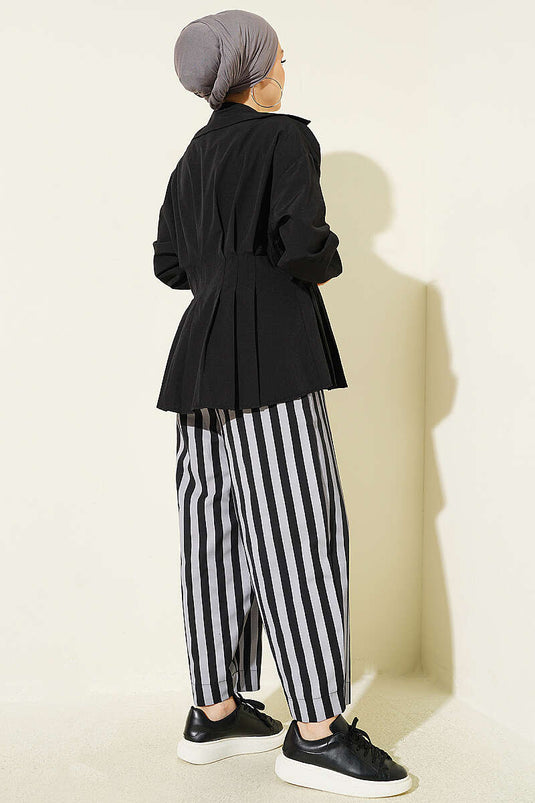 Bel Lastikli Çizgili Poplin Pantolon Gri