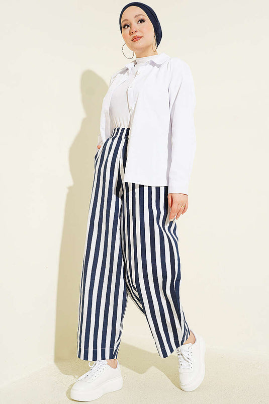 Bel Lastikli Çizgili Poplin Pantolon Lacivert