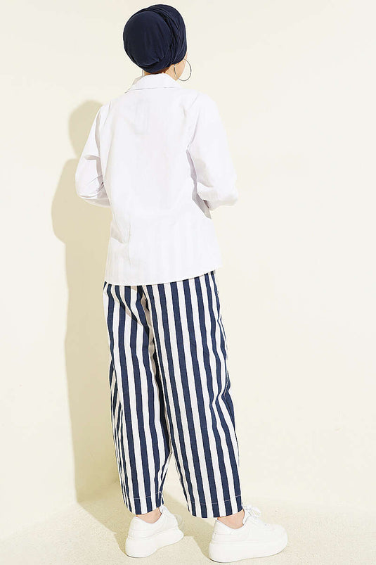 Bel Lastikli Çizgili Poplin Pantolon Lacivert