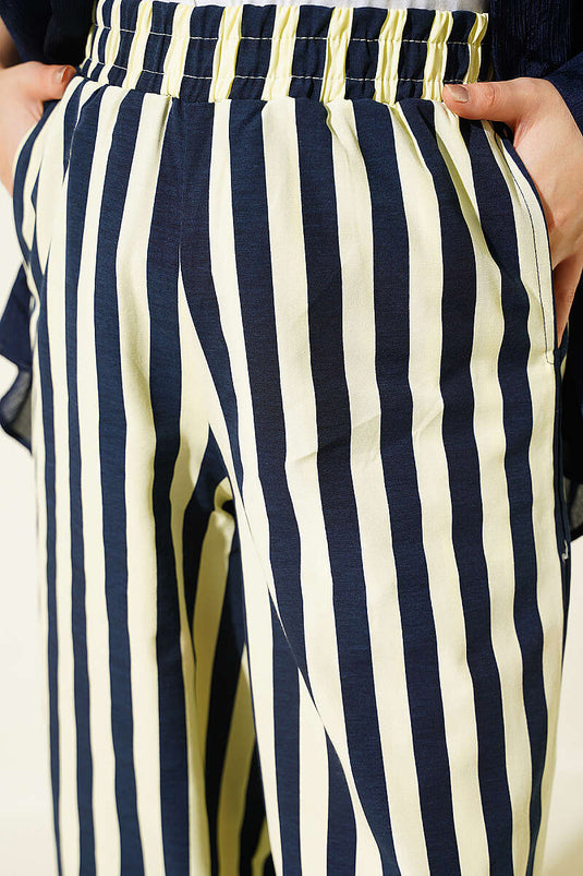 Bel Lastikli Çizgili Poplin Pantolon Sarı