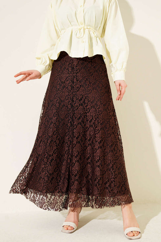 Bel Lastikli Dantelli Kloş Etek Kahve