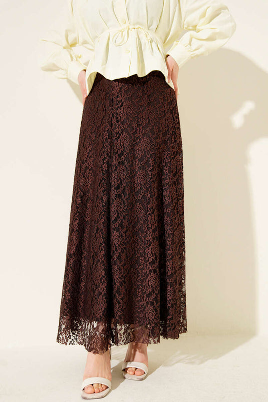 Bell-Shaped Skirt with Elastic Waist and Lace Brown