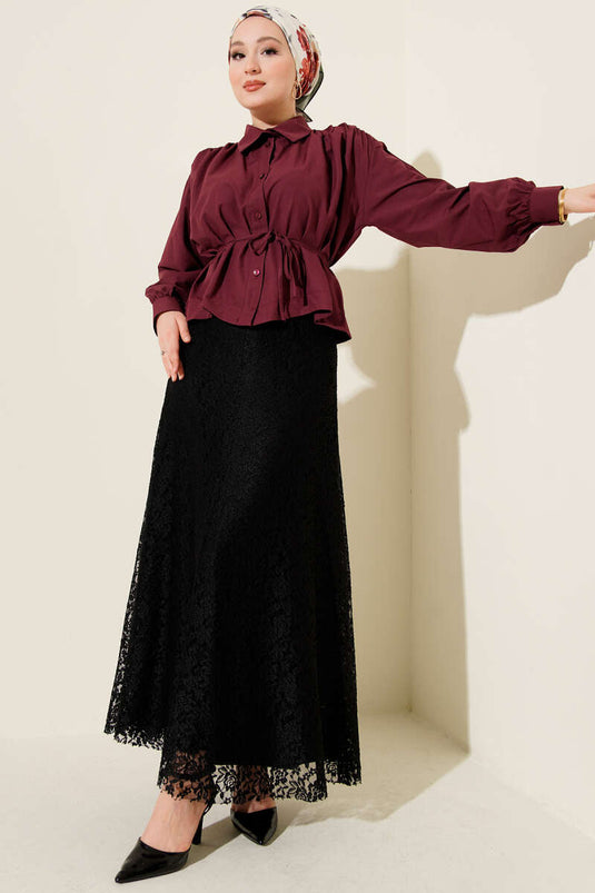 Black Flared Skirt with Elastic Waist and Lace