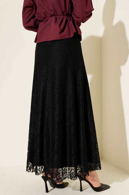 Black Flared Skirt with Elastic Waist and Lace