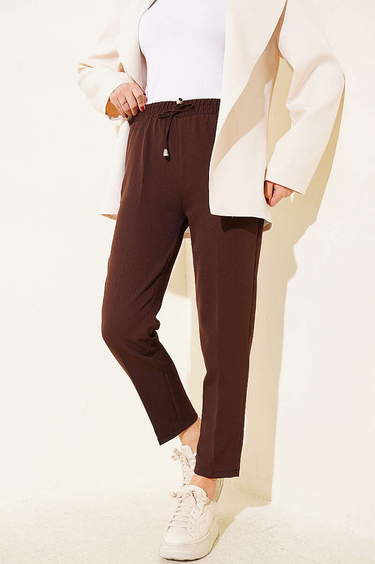 Pantalon double à taille élastique et jambes étroites, couleur café