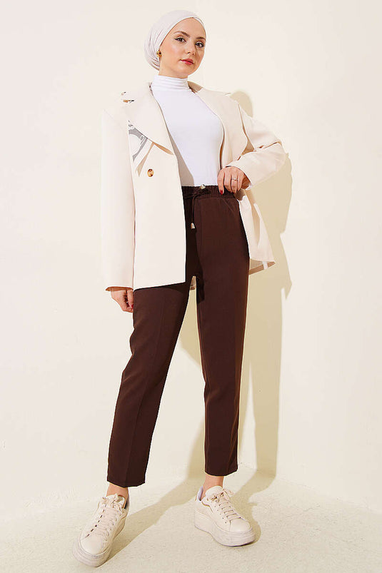Pantalon double à taille élastique et jambes étroites, couleur café