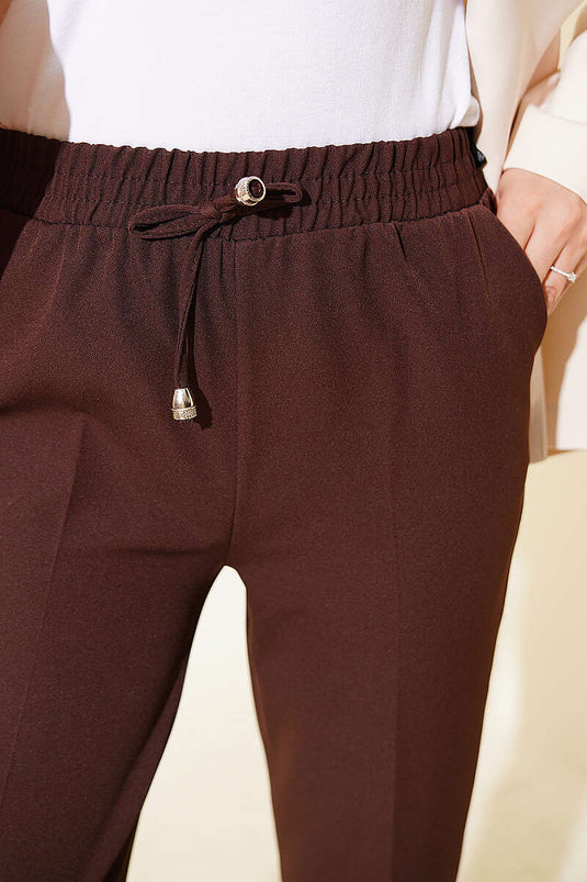 Pantalon double à taille élastique et jambes étroites, couleur café