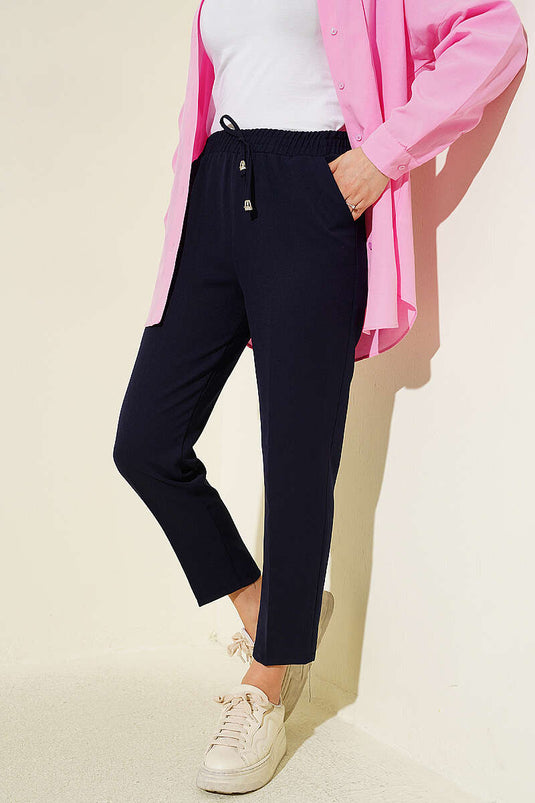 Pantalon double à jambe étroite avec ceinture élastique, bleu marine