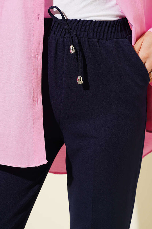 Pantalon double à jambe étroite avec ceinture élastique, bleu marine
