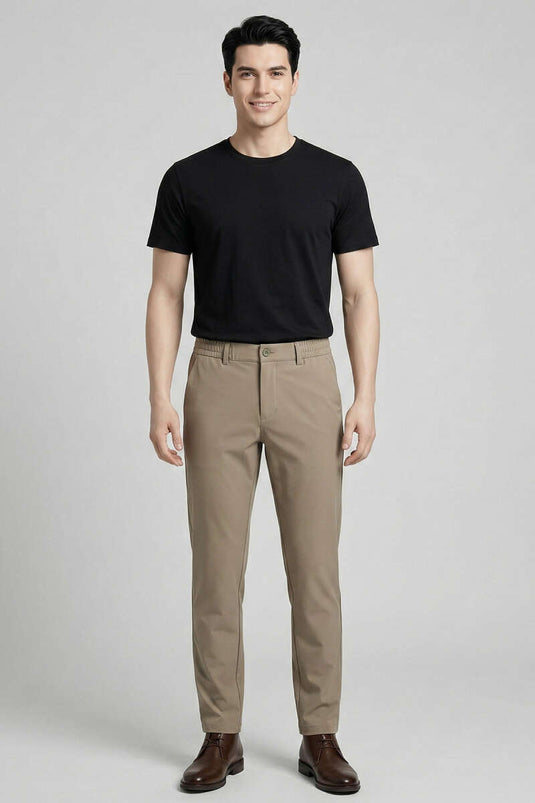 Men's Slim Fit Trousers with Elastic Waistband, Brown