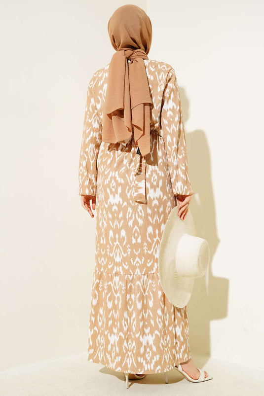 Elastische taille, gebloemde crêpejurk in beige