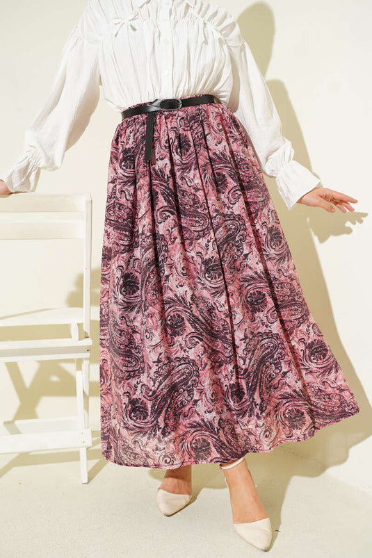 Skirt with Patterned Belt and Elastic Waist in Dusty Rose