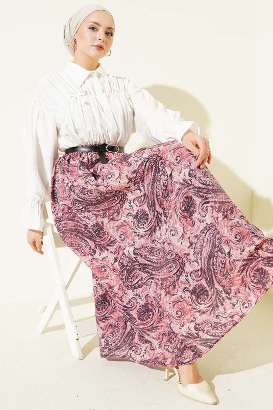 Skirt with Patterned Belt and Elastic Waist in Dusty Rose