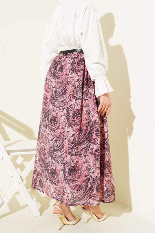 Skirt with Patterned Belt and Elastic Waist in Dusty Rose
