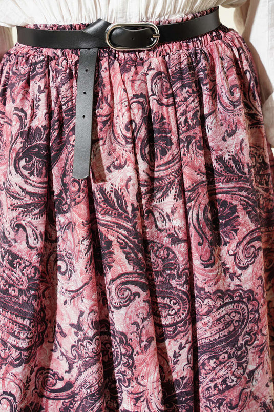 Skirt with Patterned Belt and Elastic Waist in Dusty Rose