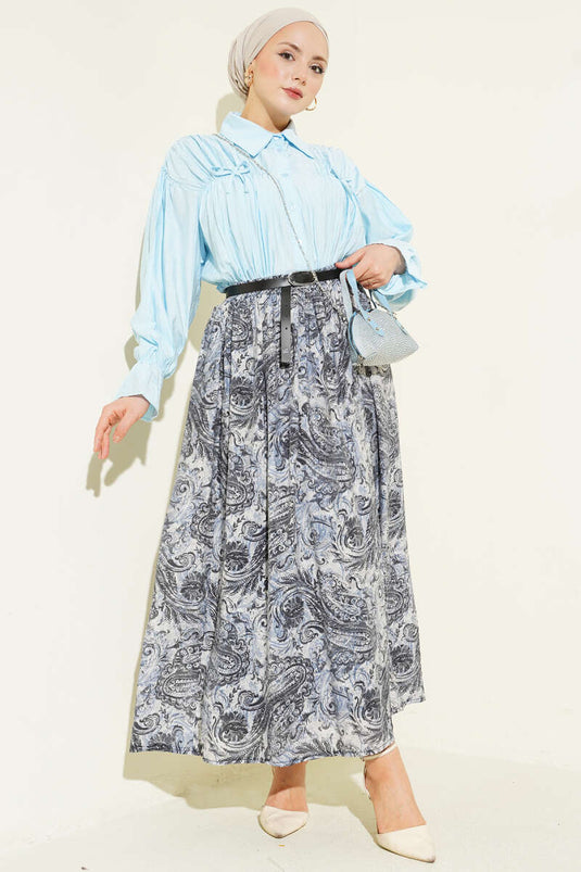 Navy Blue Skirt with Patterned Belt and Elastic Waistband