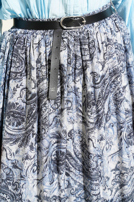 Navy Blue Skirt with Patterned Belt and Elastic Waistband