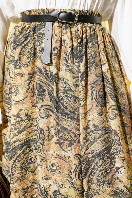 Yellow Skirt with Patterned Belt and Elastic Waistband