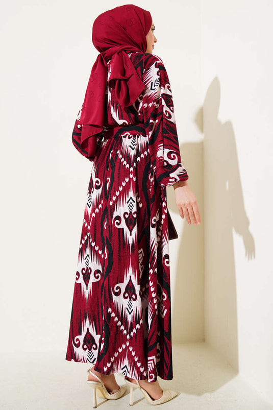 Belted Patterned Mevlana Dress Burgundy