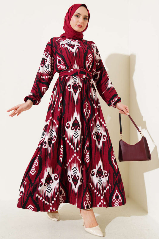 Belted Patterned Mevlana Dress Burgundy
