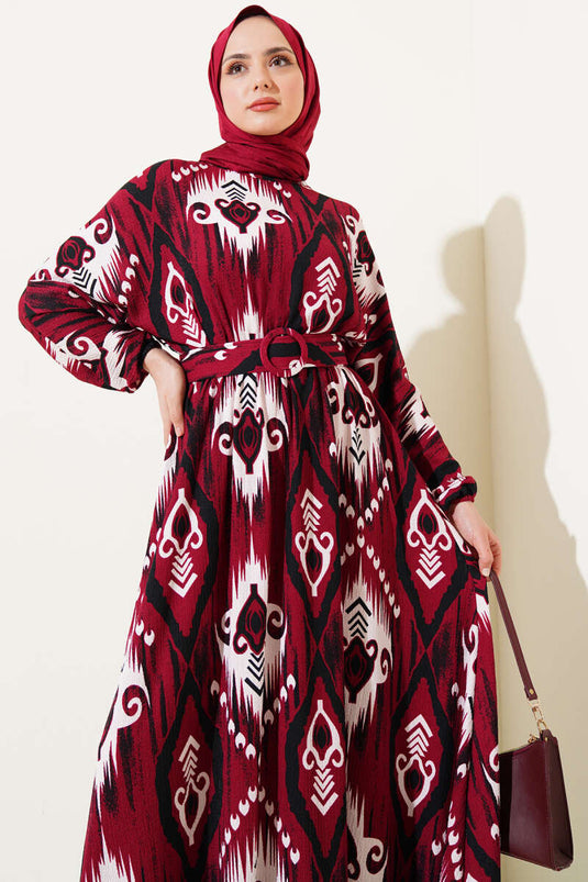 Belted Patterned Mevlana Dress Burgundy
