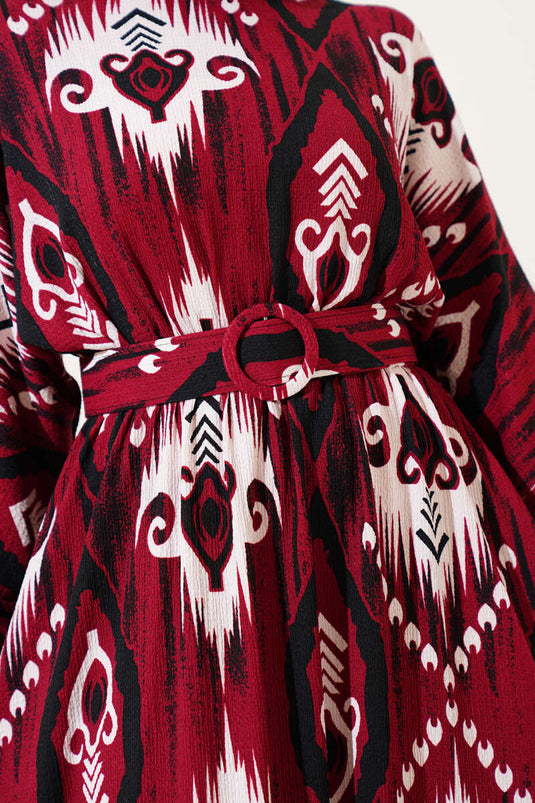 Belted Patterned Mevlana Dress Burgundy