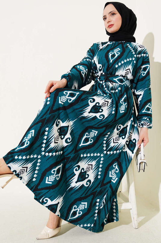 Bel Lastikli Desenli Mevlana Elbise Zümrüt