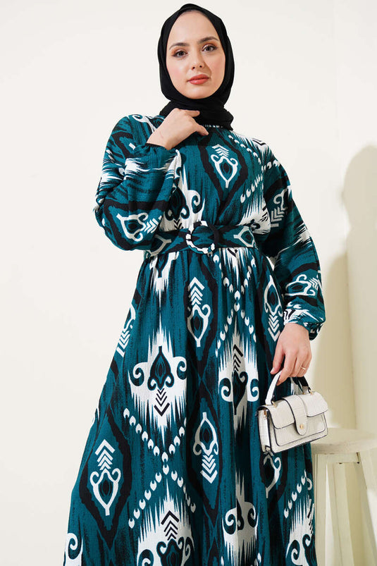 Bel Lastikli Desenli Mevlana Elbise Zümrüt