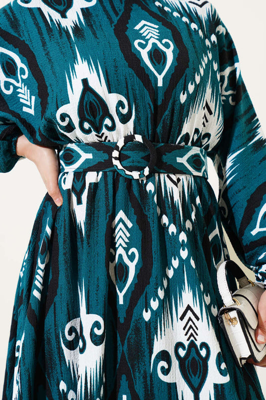 Bel Lastikli Desenli Mevlana Elbise Zümrüt