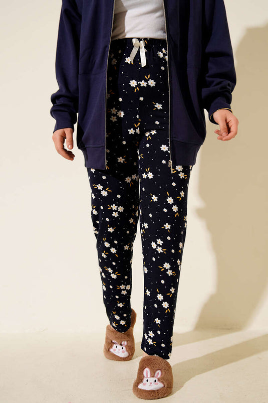 Bas de pyjama à motifs avec taille élastique, bleu marine foncé