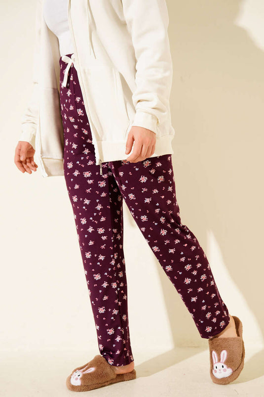 Bas de pyjama à motifs avec taille élastique, prune