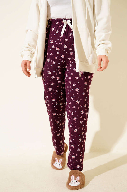 Bas de pyjama à motifs avec taille élastique, prune