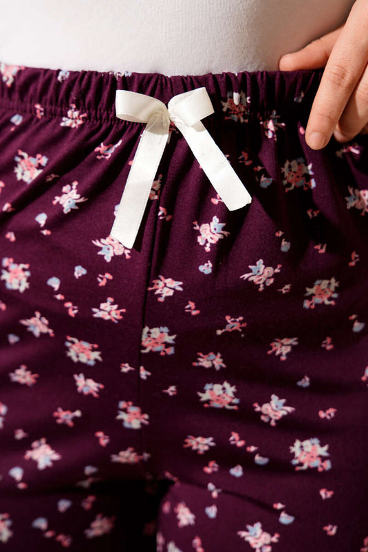 Bas de pyjama à motifs avec taille élastique, prune