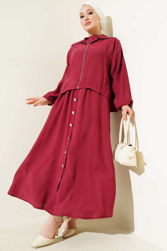 Tailleur-robe à boutons et taille élastique rouge bordeaux