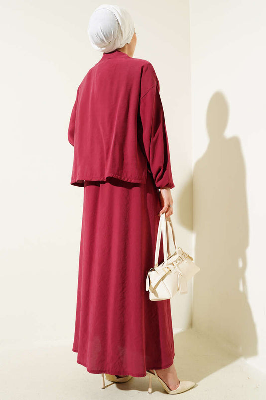 Tailleur-robe à boutons et taille élastique rouge bordeaux