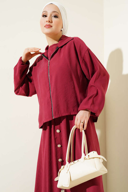 Tailleur-robe à boutons et taille élastique rouge bordeaux