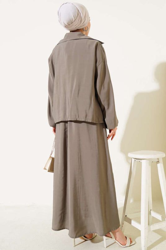 طقم فستان من قماش المنك بتفاصيل أزرار مطاطية على الخصر