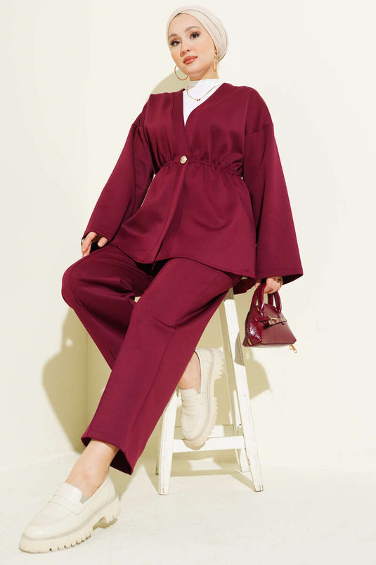 Elastische taille met knoopdetail, tweedelig pak in bordeauxrood