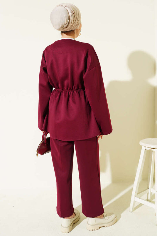 Elastische taille met knoopdetail, tweedelig pak in bordeauxrood