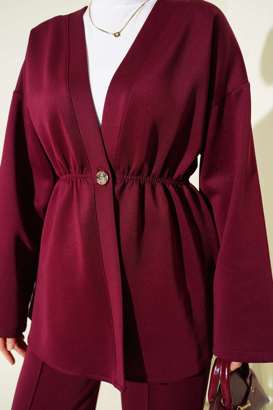 Elastische taille met knoopdetail, tweedelig pak in bordeauxrood
