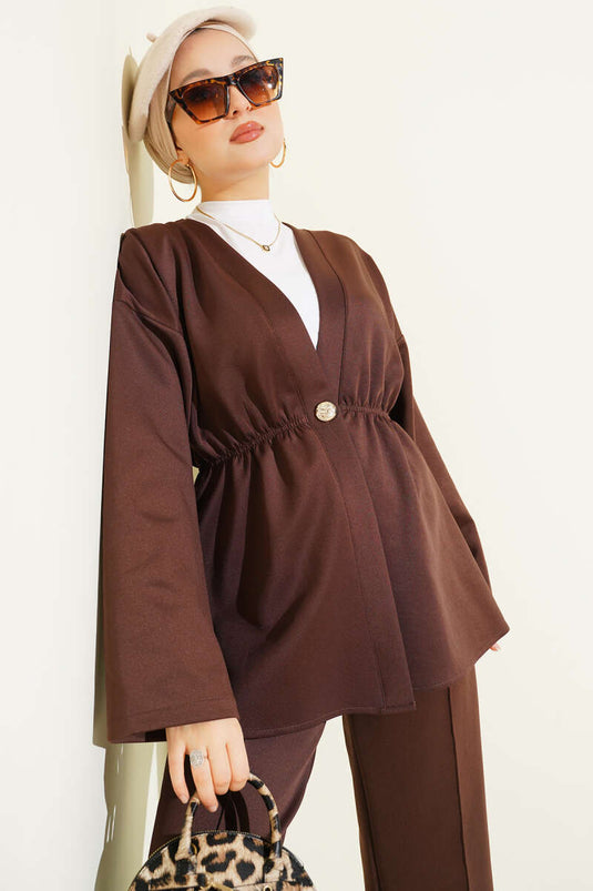 Bel Lastikli Düğme Detaylı İkili Takım Kahve