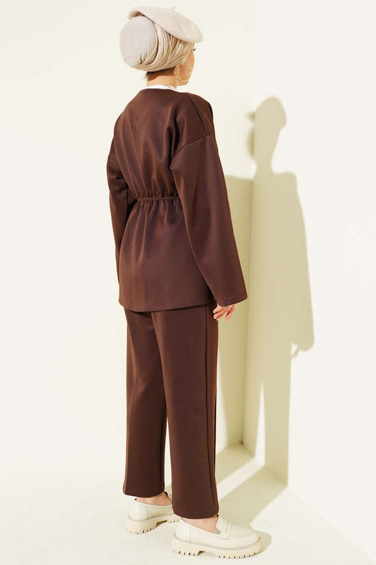 Bel Lastikli Düğme Detaylı İkili Takım Kahve