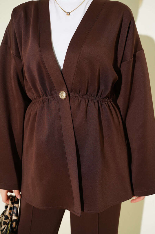 Bel Lastikli Düğme Detaylı İkili Takım Kahve