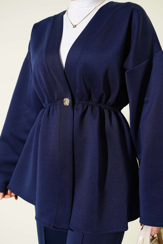 Elastic Waist Button Detailed Two Piece Suit Navy Blue