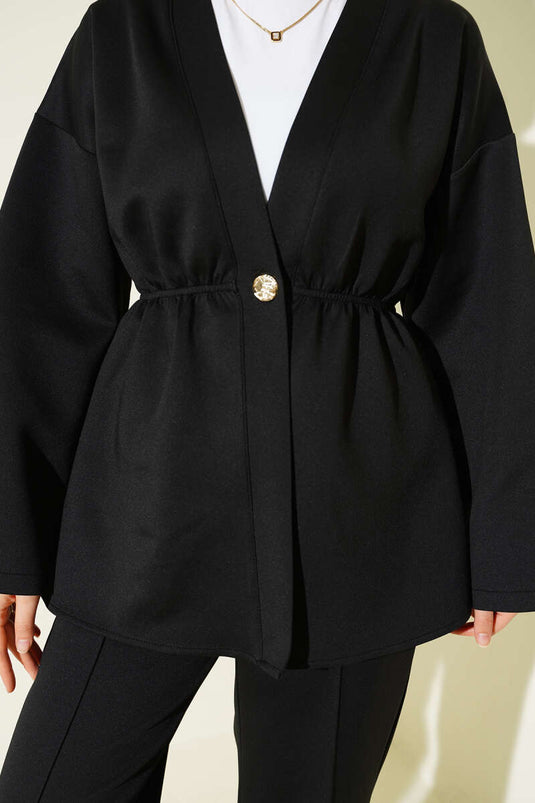 Elastic Waist Button Detailed Two Piece Suit Black