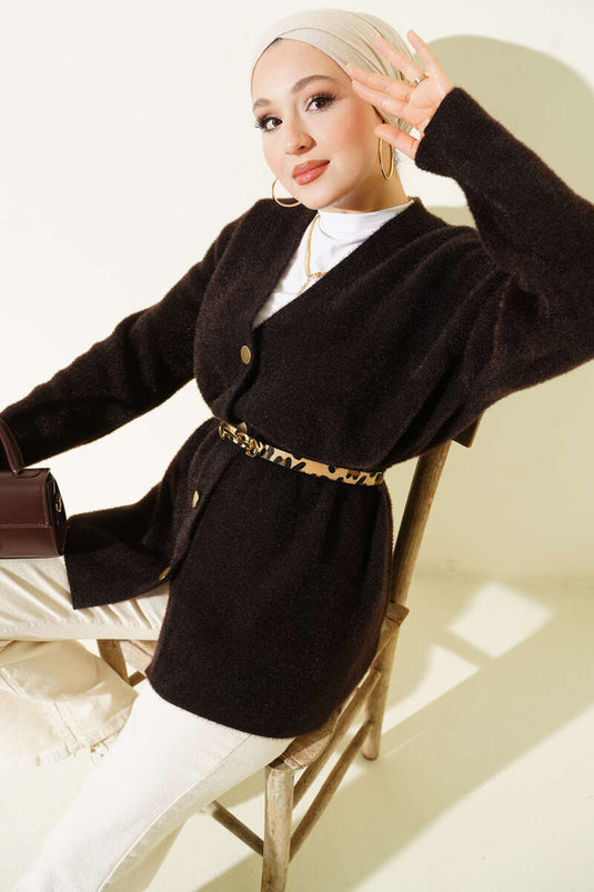 Gebreid vest met knoopsluiting en elastische taille, donkerbruin