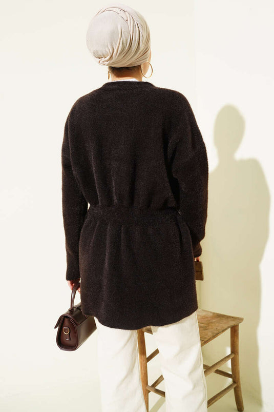 Buttoned, Elastic Waist, Textured Knit Cardigan, Dark Brown